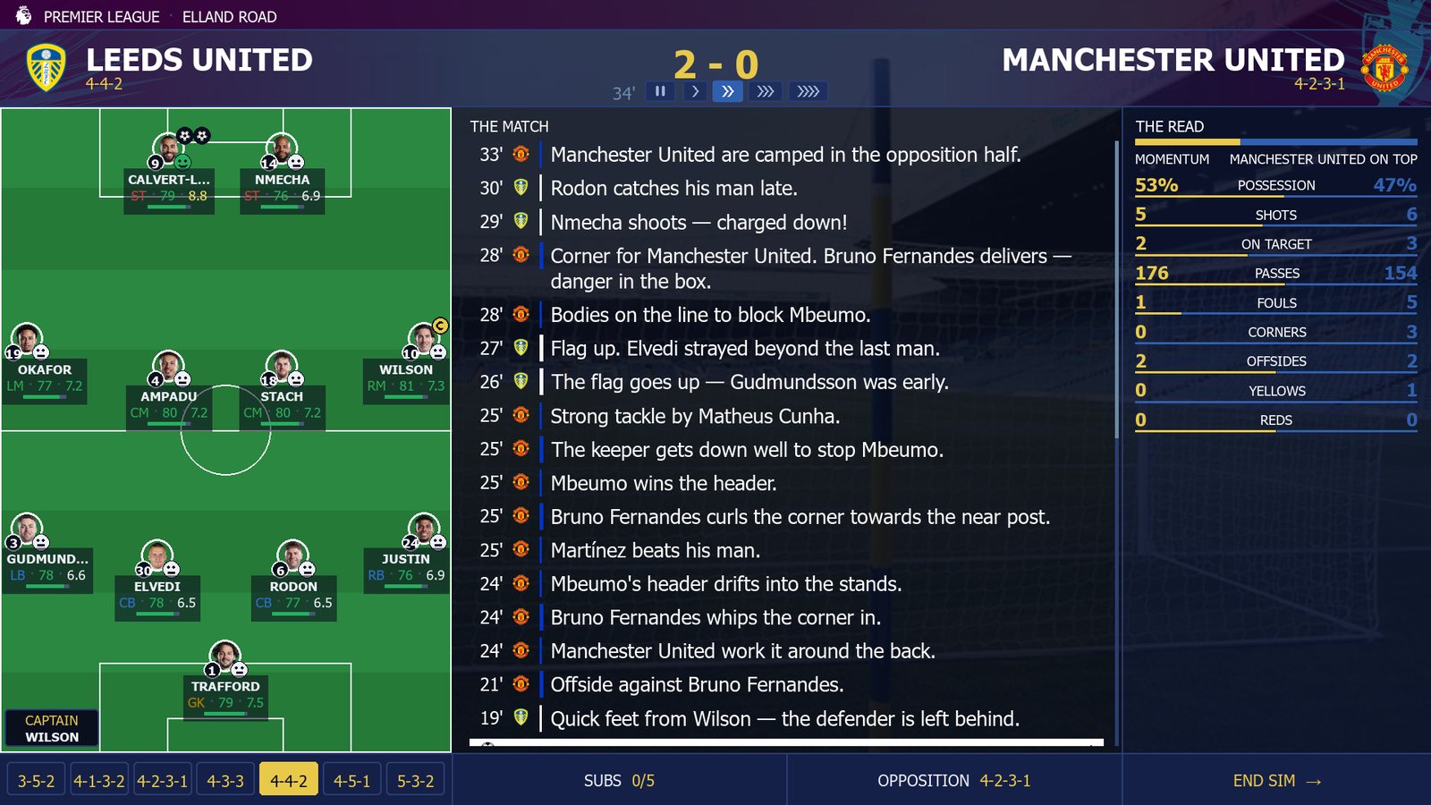 The live match screen: Leeds United 2–0 Manchester United at 34 minutes, with the line-up, running commentary and match stats